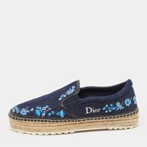 Pre Owned Dior Blue Denim Floral Embroidered Espadrille Flats Size 38
