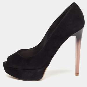 Dior Black Suede Peep Toe Platform Pumps Size 39.5 