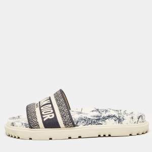 Dior Navy Blue/White Logo Embroidered Canvas Toile De Jouy Dway Slides Size 37.5