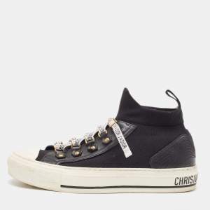 Dior Black Knit Fabric and Leather Walk'n'Dior Mid Top Sneakers Size 37.5