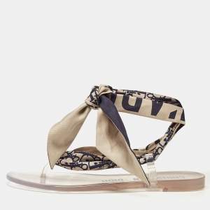 Dior Two Tone Oblique Fabric Ankle Tie Thong Flat Sandals Size 37