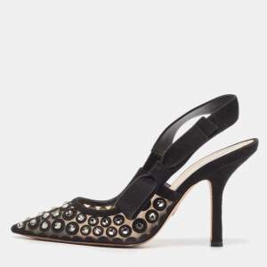 Dior Black Crystal Embellished Suede and Mesh J'adior Slingback Pumps Size 38.5