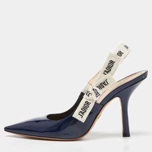 Dior Navy Blue Patent Leather J'Adior Slingback Pumps Size 39