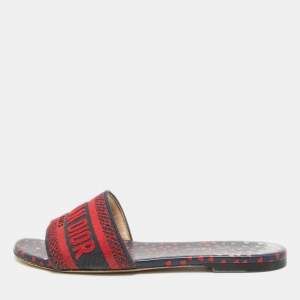 Dior Red/Blue Pop Heart I Love Paris Embroidered Canvas Dway Flat Slides Size 37