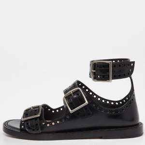 Dior Black Perforated Leather Teddy D Buckles Flat Sandals Size 34