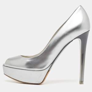 Dior Silver Leather Peep Toe Platform Pumps Size 37.5