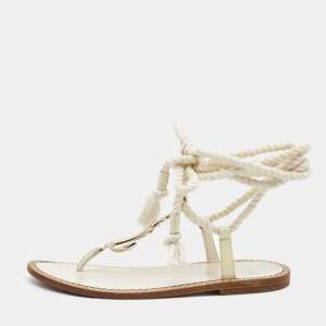 Dior Cream Patent and Leather Ankle Wrap Sandals Size 37