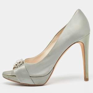 Dior Grey Satin Crystal Embellished Peep Toe Pumps Size 37