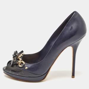 Dior Navy Blue Patent Leather Bow Chain Detail Peep Toe Pumps Size 41