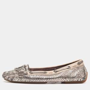 Dior Silver/Beige Python Embossed and Leather Loafers Size 38