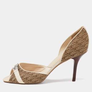 Dior Beige/Brown Monogram Canvas and Leather D'orsay Peep Toe Pumps Size 42