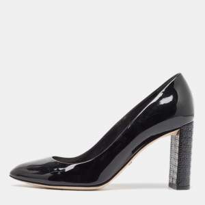 Pre Owned Dior Black Patent Leather Cannage Block Heel Pumps Size 37.5