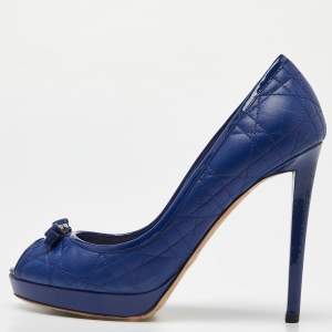 Pre Owned Dior Blue Cannage Leather and Patent Bow Peep Toe Platform Pumps Size 38.5