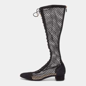 Dior Black Suede and Fishnet Naughtily-D Knee Length Boots Size 42