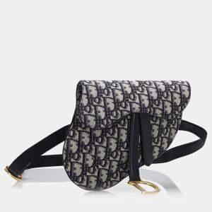 Pre Owned Dior Beige/Navy Blue Oblique Canvas Saddle Belt Bag