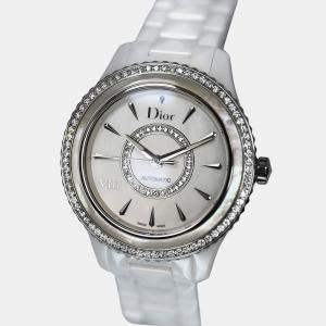 Pre Owned Christian Dior VIII Montaigne CD1245E9C001 Quartz White Diamond Mother of Pearl Ceramic Women's Wristwatch 39 mm