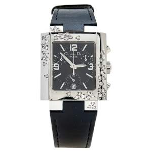 Christian Dior Black Stainless Steel Leather Diamond Riva D81-101 Women's Wristwatch 31mm