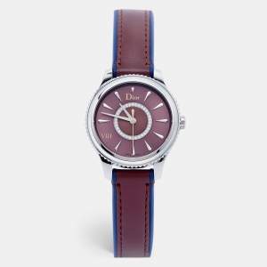 Dior Burgundy Mother Of Pearl Diamond Stainless Steel Leather VIII Place Vendome CD152110A002 Women's Wristwatch 32 mm