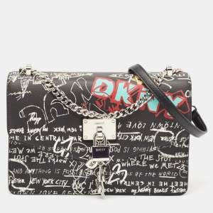 Pre Owned Dkny Black Graffiti Print Leather Elissa Chain Shoulder Bag