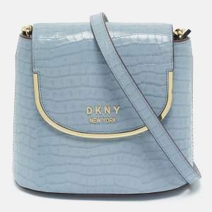 Pre Owned DKNY Light Blue Croc Embossed Leather Faith Flap Bucket Bag