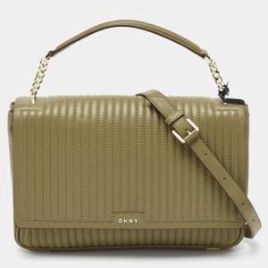 Pre Owned  DKNY Olive Green Pinstripe Quilted Leather Large Gansevoort Top Handle Bag 