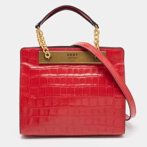 DKNY Red Croc Embossed Leather Cooper Top Handle Bag