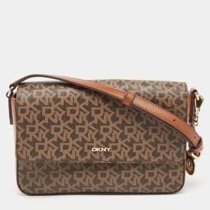 Pre Owned DKNY Two Tone Brown Signature Coated Canvas Bryant Park Flap Crossbody Bag