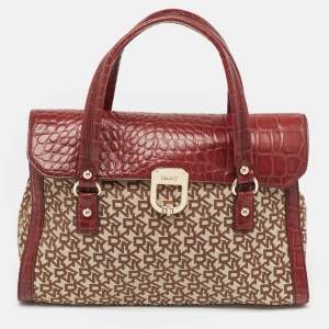 Pre Owned DKNY Burgundy/Beige Monogram Canvas and Croc Embossed Leather Turnlock Flap Tote