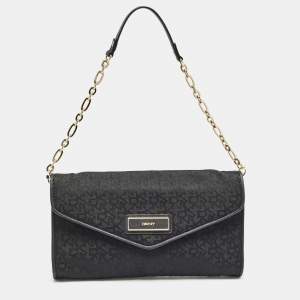 Pre Owned Dkny Black Monogram Canvas and Leather Envelope Flap Shoulder Bag
