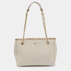 DKNY Ivory Leather Top Zip Chain Tote