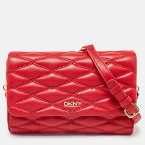 Dkny Red Quilted Leather Flap Chain Crossbody Bag