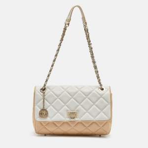 DKNY Beige/White Quilted Leather Flap Bag