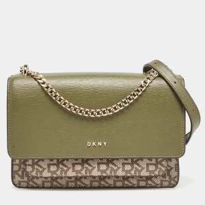 Pre Owned Dkny Green/Beige Monogram Coated Canvas and Leather Flap Chain Shoulder Bag