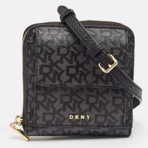 DKNY Black/Grey Signature Coated Canvas Mini Zip Around Olive Crossbody Bag