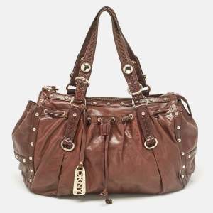 Pre Owned DKNY Dark Brown Leather Studded Drawstring Tote