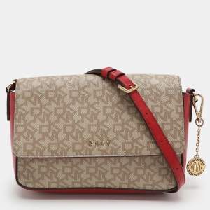 Dkny Beige/Red Signature Coated Canvas and Leather Crossbody Bag