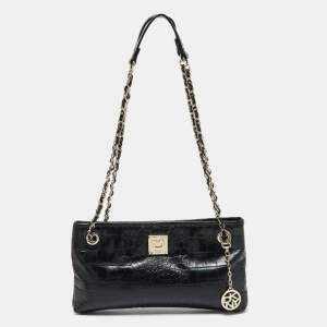 DKNY Black Croc Embossed Leather Shoulder Bag