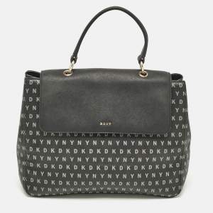 DKNY Black Signature Coated Canvas and Leather Flap Top Handle Bag