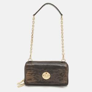 Dkny Brown Lizard Embossed Leather Chain Clutch
