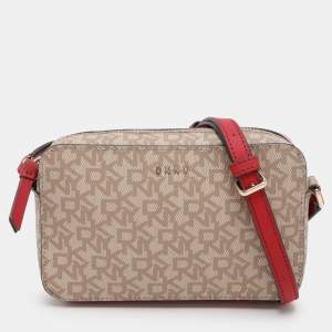 Dkny Beige/Red Signature Coated Canvas and Leather Crossbody Bag