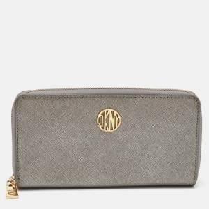 DKNY Metallic Grey Saffiano Leather Logo Zip Around Wallet