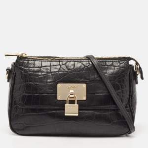 DKNY Black Croc Embossed Leather Padlock Crossbody Bag