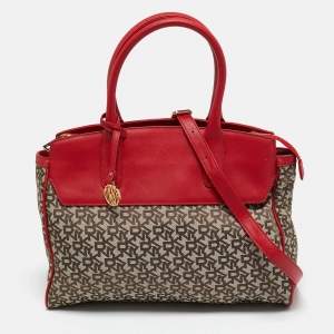 مملوكة مسبقًا Dkny Red/Beige Monogram Fabric and Leather Zip Tote