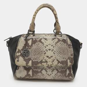 Dkny Grey/Black Leather and Snake Print Leather Satchel
