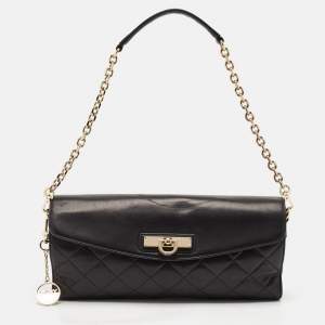 Dkny Black Quilted Leather Logo Flap Chain Clutch