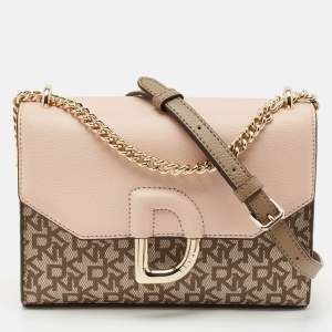 DKNY Light Pink/Beige Signature Coated Canvas and Leather Von Flap Shoulder Bag