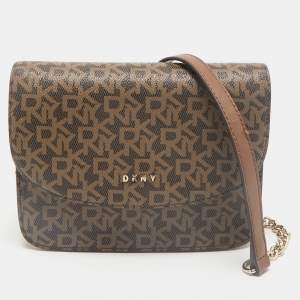DKNY Two Tone Brown Signature Coated Canvas Bryant Park Flap Crossbody Bag