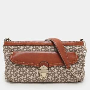 DKNY Beige/Brown Signature Canvas and Leather Shoulder Bag