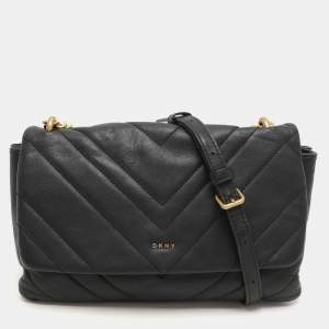 Dkny Black Quilted Leather Chain Flap Crossbody Bag