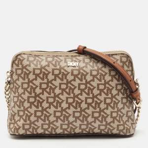 Dkny Beige/Brown Monogram Coated Canvas and Leather Crossbody Bag